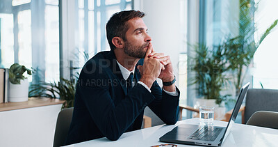 Buy stock photo Business, thinking and man with planning, laptop and internet with choice, decision and wonder. Financial advisor, investor and employee in workplace, computer and contemplation with problem solving