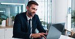 Businessman, typing and laptop with investment for accounting or corporate finance at office. Man, employee or accountant with smile on computer for financial investing, network or company funding