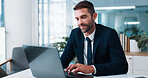 Businessman, typing and research with laptop for financial report, review or corporate statistics. Male person, accountant or smile on computer for company finance, budget or planning at workplace