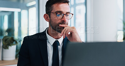Buy stock photo Business, thinking and man with solution, laptop and internet with decision, email and tax report. Financial advisor, investor and employee in workplace, computer and problem solving for inflation