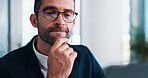 Thinking, serious and man with glasses, laptop and planning for case in law firm, advocate and stress. Contemplating, attorney and person with ideas in business, legal and thoughtful for constitution