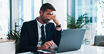 Frustrated, businessman or headache with laptop for stress, mistake or corporate bankruptcy at office. Man, employee or accountant with fail or migraine on computer for debt, financial crisis or loss