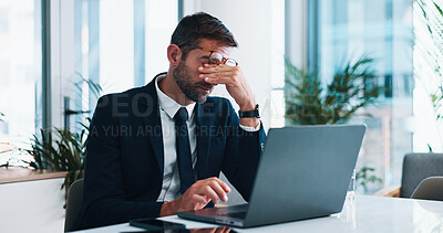 Buy stock photo Frustrated, businessman or headache with laptop for stress, mistake or corporate bankruptcy at office. Man, employee or accountant with fail or migraine on computer for debt, financial crisis or loss