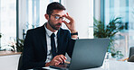 Thinking, frustrated and man with glasses, laptop and planning for case in law firm, advocate and stress. Contemplating, attorney and person with burnout in business, online or review of info on tech