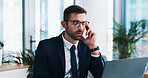 Thinking, headache and man with glasses, laptop and planning for case in law firm, advocate and stress. Contemplating, online and person with burnout in business, frustrated or attorney with migraine