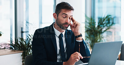 Buy stock photo Businessman, headache and laptop with stress for mistake, corporate bankruptcy or debt at office. Man, employee or accountant with fail or migraine on computer for financial crisis or bad eye strain