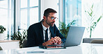 Man, lawyer and research with laptop in office for reading, decision or review evidence for tax fraud case. Person, attorney and pc for financial crime, info or money laundering at corporate law firm