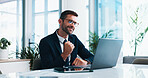 Happy, businessman and laptop with fist pump for promotion, good news or achievement at office desk. Man, accountant or investor with smile on computer for great investment, deal or financial success