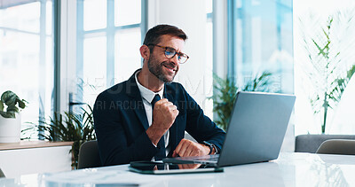 Buy stock photo Happy, businessman and laptop with fist pump for promotion, good news or achievement at office desk. Man, accountant or investor with smile on computer for great investment, deal or financial success