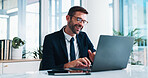 Man, lawyer and typing with laptop in office for legal review, contact and virtual consultation service. Person, attorney or advocate with pc, report and smile with lead for court case at law firm