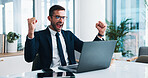 Excited businessman, fist pump or winning with laptop in celebration for promotion or good news. Happy man, employee or investment with smile on computer for prize, deal or great offer at office