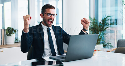 Buy stock photo Excited businessman, fist pump or winning with laptop in celebration for promotion or good news. Happy man, employee or investment with smile on computer for prize, deal or great offer at office