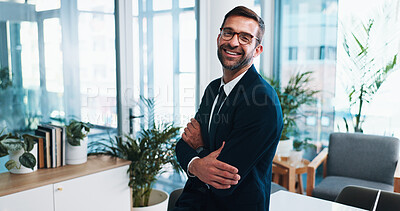 Buy stock photo Lawyer, happy and portrait of business man in office with pride for law firm, consulting company and career. Professional, crossed arms and person with confidence for corporate, legal or attorney job