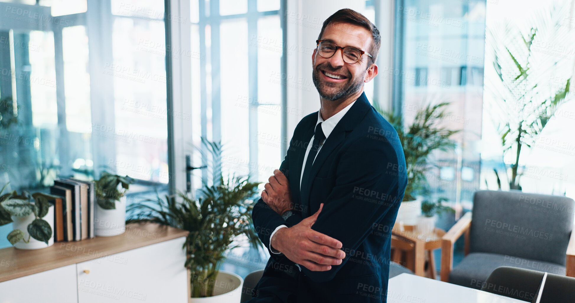 Buy stock photo Lawyer, happy and portrait of business man in office with pride for law firm, consulting company and career. Professional, crossed arms and person with confidence for corporate, legal or attorney job