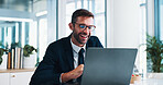 Happy man, laptop and break with lunch for entertainment or online streaming at office desk. Businessman, employee or smile with food, vegetables or healthy meal on computer for rest at workplace
