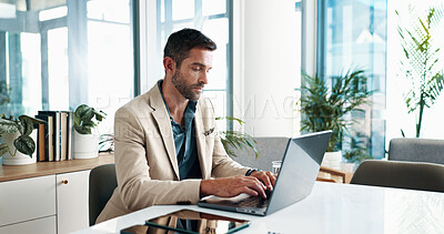 Buy stock photo Office, businessman and typing with laptop for email, financial report and auditing for corporate firm. Career, male person and accountant with tech for investment research, administration and review