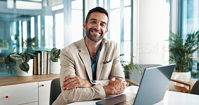 Buy stock photo Business sustainability, man and laptop in office for environmental service and eco friendly NGO investor. Professional, employee and happy for project management, online planning and social impact