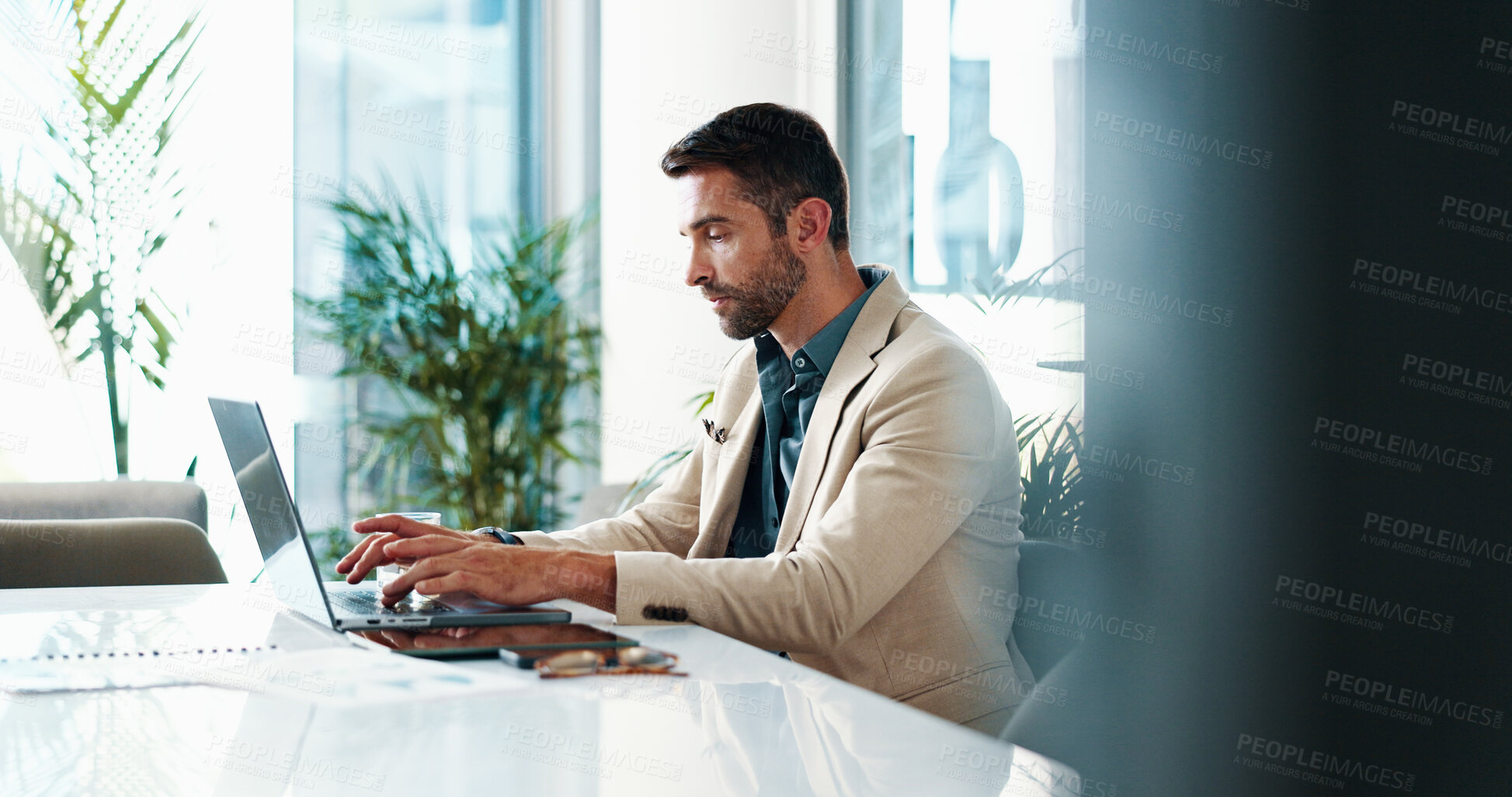 Buy stock photo Business, thinking and man in office, laptop and typing with internet, copywriting and productivity. Person, entrepreneur and computer with website info, planning for project and email for feedback