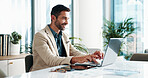 Office, businessman and smile with laptop for email, financial report and auditing for corporate firm. Career, male person and accountant with tech for investment research, administration and typing
