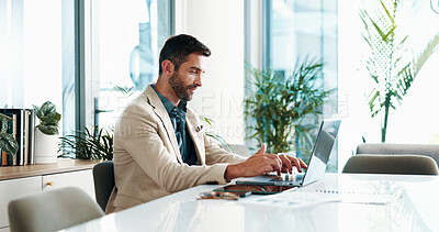 Buy stock photo Accountant, laptop and businessman in office for finance analysis, budget review and company investment. Corporate, professional and person on computer for online research, audit report and planning