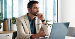 Office, businessman and reading with laptop for email, financial report or auditing for corporate firm. Thinking, male person or accountant with tech for investment research, administration or review