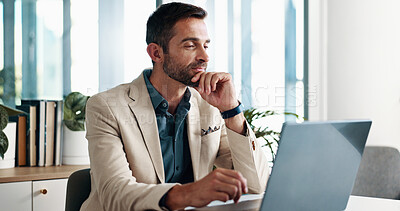 Buy stock photo Office, businessman and reading with laptop for email, financial report or auditing for corporate firm. Thinking, male person or accountant with tech for investment research, administration or review