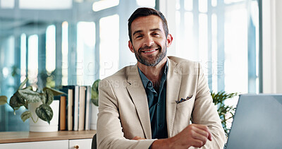 Buy stock photo Portrait, ambitious and man with smile, business and confident for career growth, laptop and entrepreneur. Corporate, proud and person with tech in office, financial analyst and happy for investment
