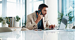 Businessman, phone call and laptop in office for feedback, planning or consultation for financial advice. Broker, tech or contact in agency for budget review, research pitch or economy news update