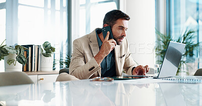 Buy stock photo Businessman, phone call and laptop in office for feedback, planning or consultation for financial advice. Broker, tech or contact in agency for budget review, research pitch or economy news update