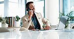 Phone call, office and business man on laptop for contact, online discussion and communication. Corporate, company consultant and person talking on smartphone for networking on computer for research
