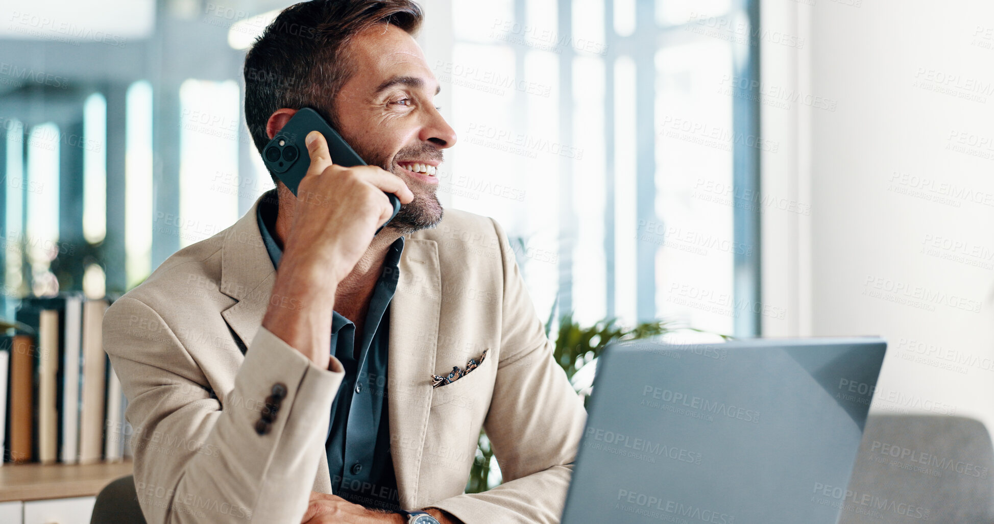 Buy stock photo Businessman, phone call and laptop in office for advice, feedback or consultation for financial planning. Broker, tech or contact in agency for budget review, research pitch or economy news update