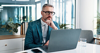 Buy stock photo Mature business man, laptop and thinking for problem solving, investment opportunity or evaluation. Computer, corporate manager and reading financial email for decision, planning or insight in office