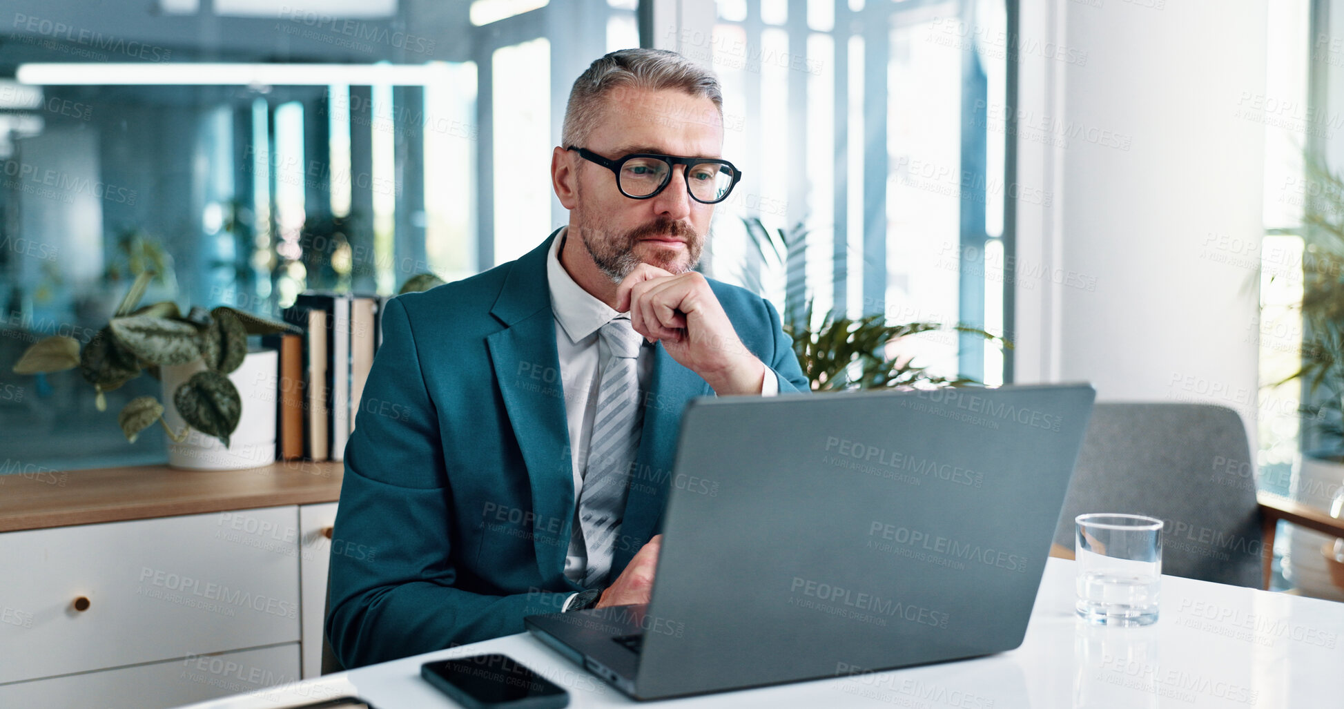 Buy stock photo Mature business man, laptop and thinking for problem solving, investment opportunity or evaluation. Computer, corporate manager and reading financial email for decision, planning or insight in office
