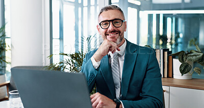 Buy stock photo Portrait, smile and man with laptop, business and ambitious for career growth, happy and entrepreneur. Corporate, confident and mature person with glasses in office, financial analyst and investment