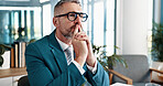 Mature businessman, thinking and stress in office, reflection and solution at investment agency. Person, financial advisor and problem solving with perspective, choice or decision for stock market