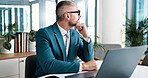 Mature businessman, solution and thinking in office for problem solving, investment idea and vision. Reflection, corporate manager and financial decision, planning and mindset for insight on laptop