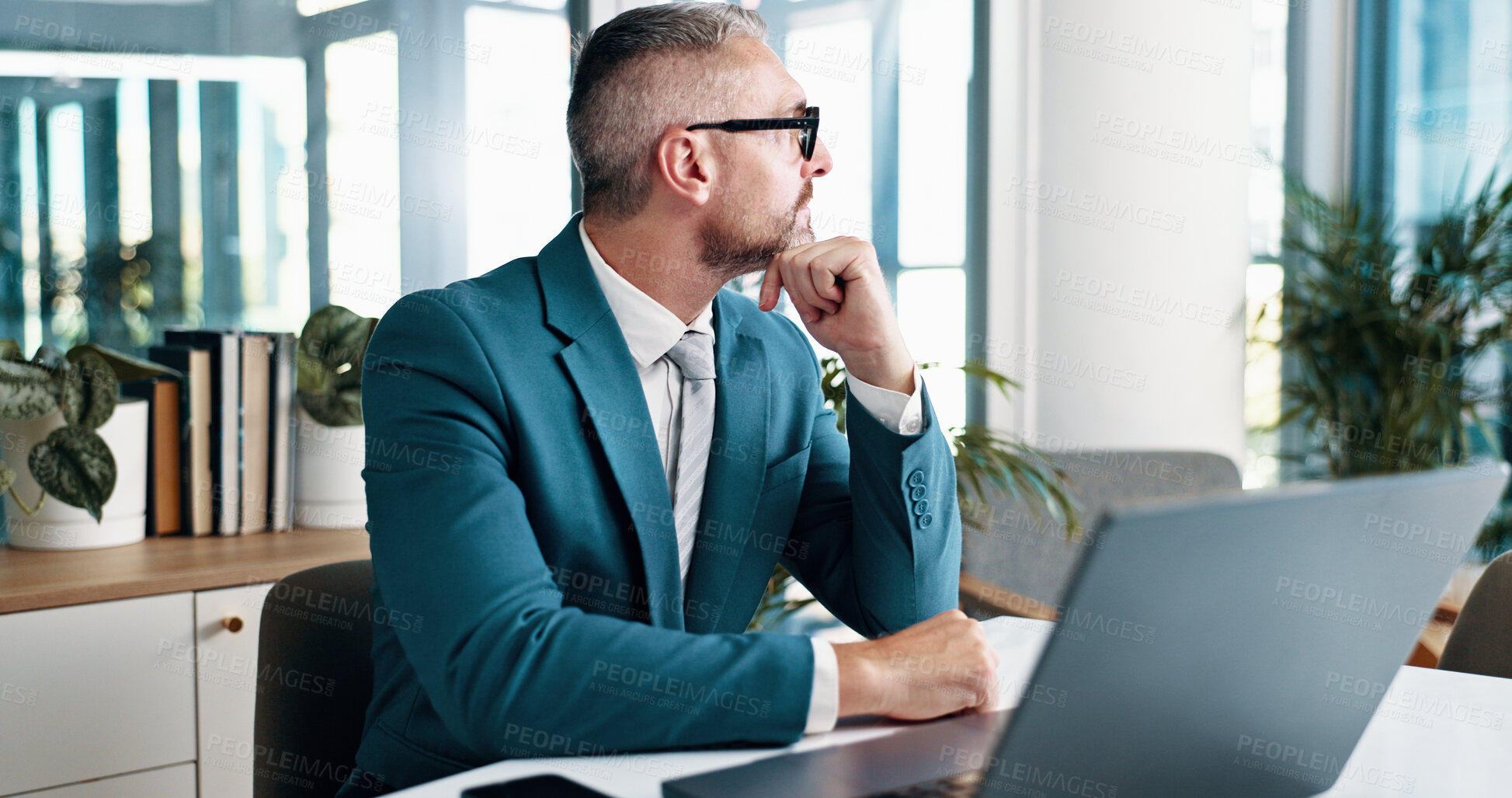 Buy stock photo Mature businessman, solution and thinking in office for problem solving, investment idea and vision. Reflection, corporate manager and financial decision, planning and mindset for insight on laptop