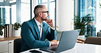 Laptop, thinking and vision with business man in office of corporate company for management. Computer, future and planning with mature employee in workplace for decision, solution or strategy