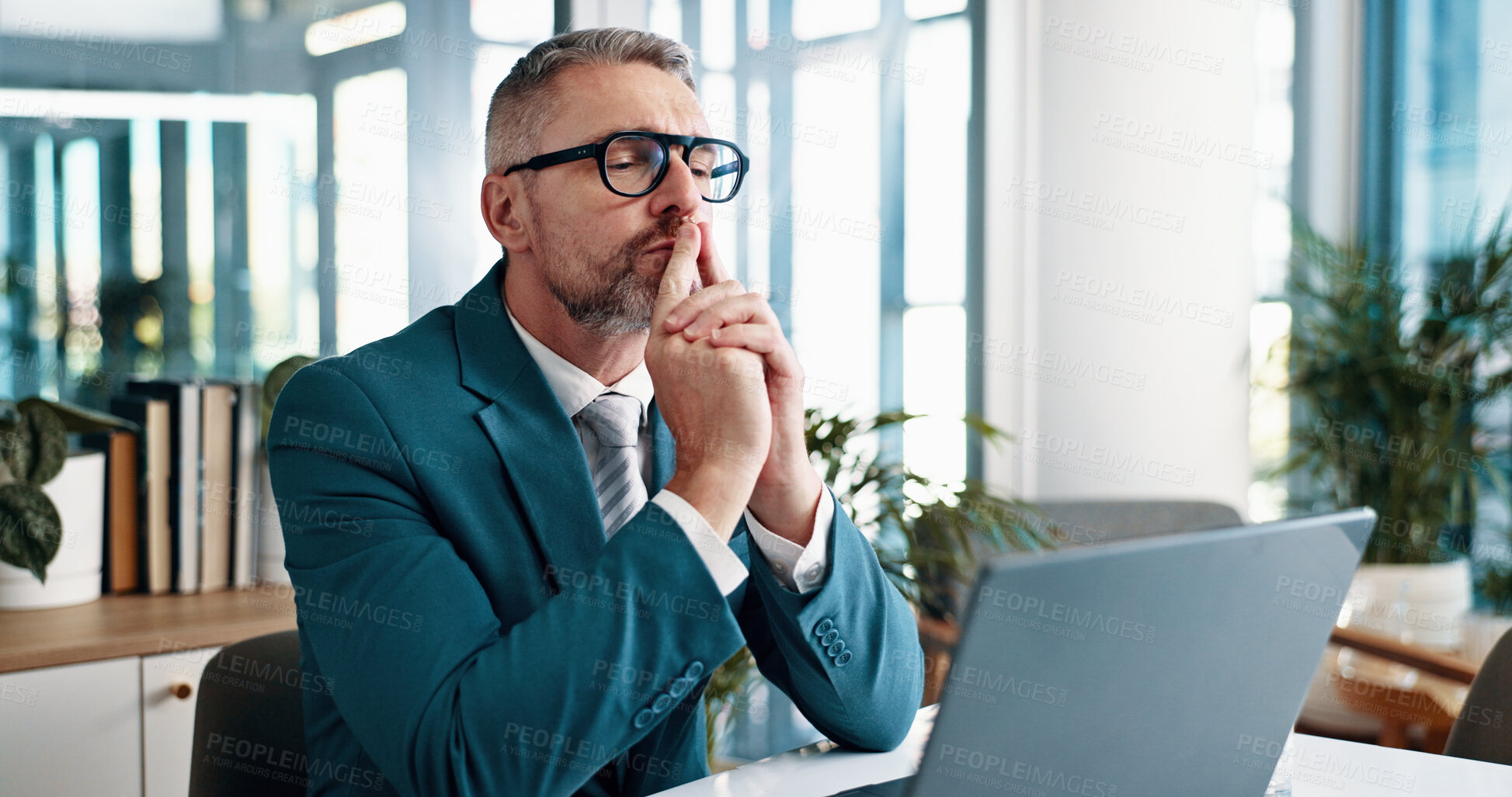 Buy stock photo Office, mature and businessman with laptop for thinking, research and problem solving for tax case. Career, male person and lawyer with planning for justice, legal report and solution for law firm