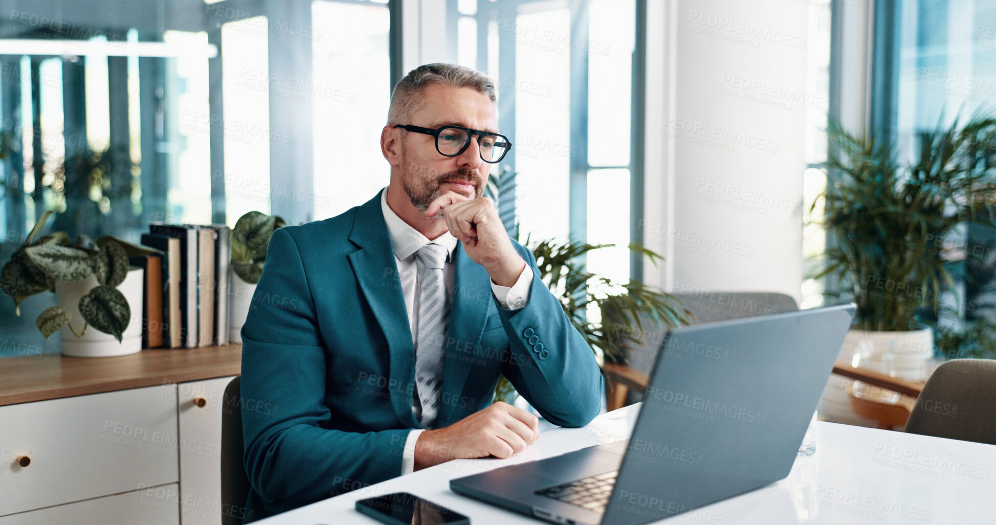 Buy stock photo Businessman, thinking and reading on laptop for problem solving, investment idea or evaluation. Computer, mature and corporate manager with financial email for decision, planning or insight in office