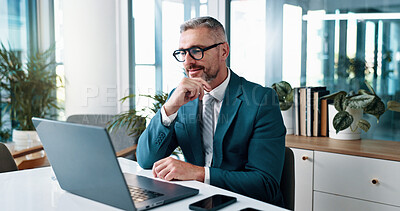 Buy stock photo Business man, thinking and insight on laptop for problem solving, investment idea or evaluation. Computer, mature or happy corporate manager reading financial email for decision or planning in office