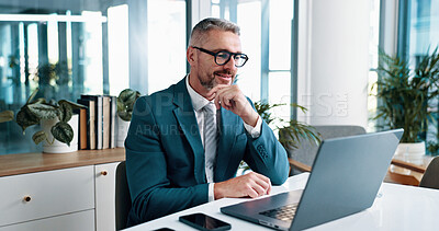 Buy stock photo Mature businessman, happy and thinking with laptop for funding solution, investment or evaluation. Computer, corporate manager and reading financial email for decision, planning or insight in office