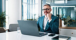Office, businessman and excited with fist pump for laptop, celebration and settlement for corporate case. Career, mature person and lawyer with success for justice, legal work or victory for law firm