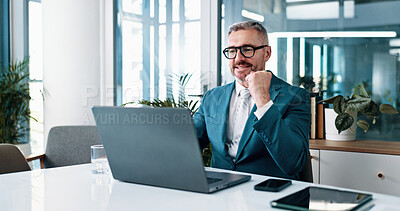 Buy stock photo Office, businessman and excited with fist pump for laptop, celebration and settlement for corporate case. Career, mature person and lawyer with success for justice, legal work or victory for law firm