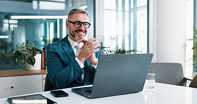 Buy stock photo Office, businessman and clap with laptop for video call, investment growth and finance achievement. Happy, mature person and financial advisor with virtual meeting for applause or celebrate promotion