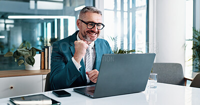 Buy stock photo Laptop, businessman and excited with fist pump in office, celebration and settlement for corporate case. Career, mature person and lawyer with success for justice, legal work and victory for law firm