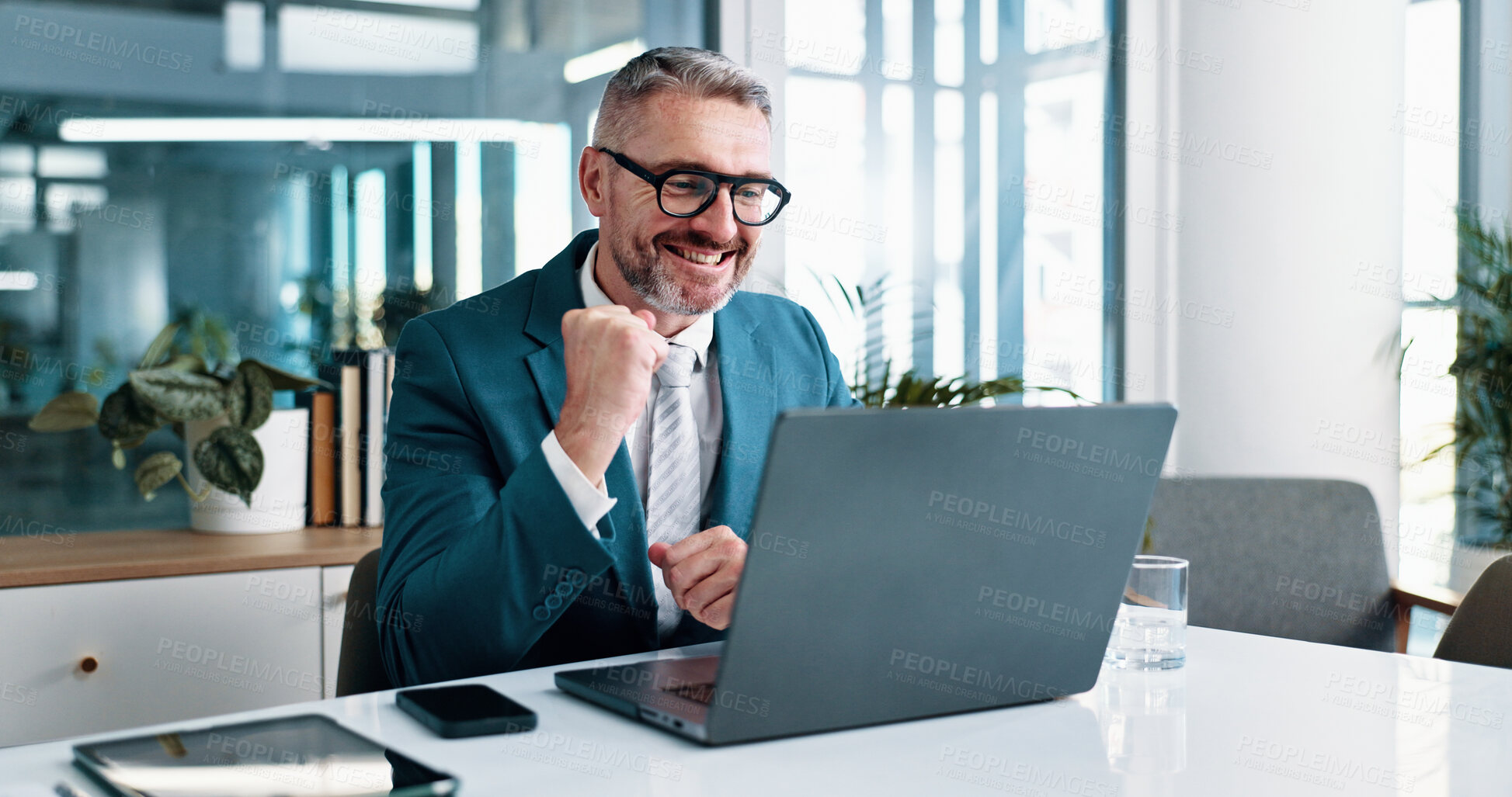 Buy stock photo Laptop, businessman and excited with fist pump in office, celebration and settlement for corporate case. Career, mature person and lawyer with success for justice, legal work and victory for law firm