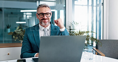 Buy stock photo Office, businessman and celebrate with fist pump for laptop, winning and settlement for corporate case. Excited, mature person and lawyer with success for justice, legal work and victory for law firm