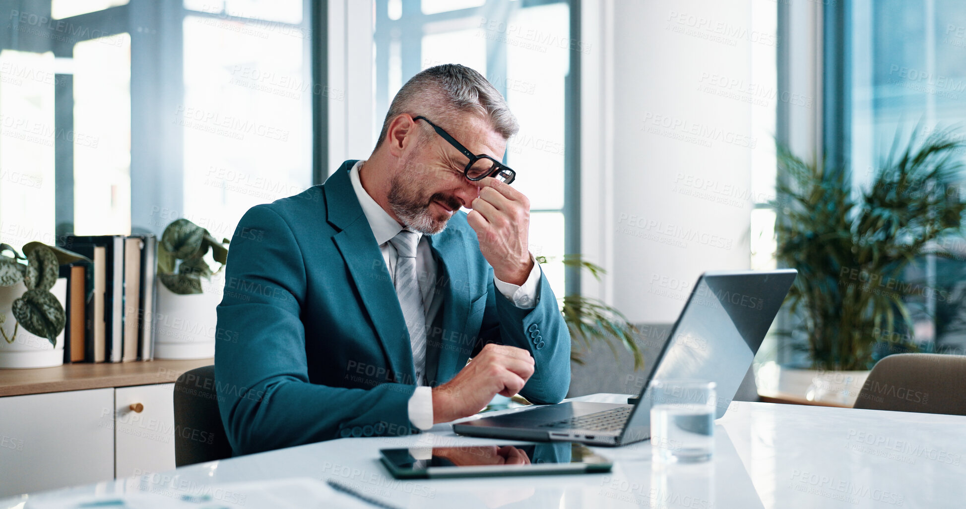 Buy stock photo Office, businessman and glasses with eye strain for stress, vision syndrome and pressure for audit deadline. Career, mature person and accountant with headache for burnout, pain and anxiety by laptop