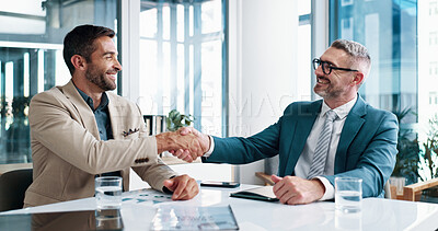 Buy stock photo Business, men and meeting with handshake in office for welcome, partnership and financial agreement. People, thank you and documents with investment deal, proposal negotiation and b2b for opportunity